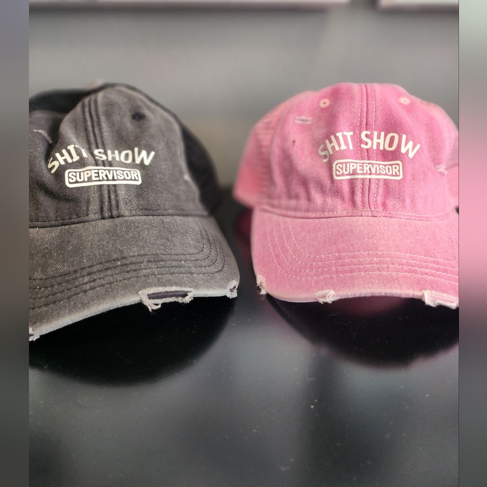 Black and Pink Distressed Classic Caps $hit show Supervisor Funny Gift